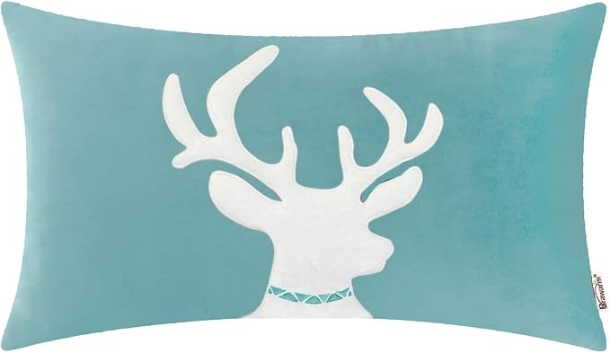 BRAWARM Christmas Pillow Cover 12 X 20 Inches, Teal Reindeer Embroidered Lumbar Pillow Cover, Soft Velvet Decorative Throw Pillow for Couch Bed Sofa Living Room Home