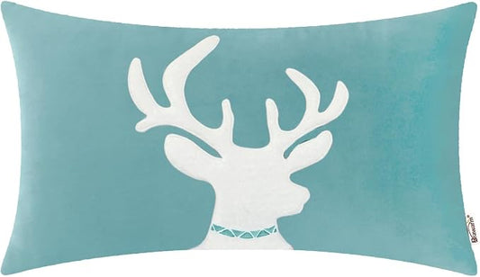 BRAWARM Christmas Pillow Cover 12 X 20 Inches, Teal Reindeer Embroidered Lumbar Pillow Cover, Soft Velvet Decorative Throw Pillow for Couch Bed Sofa Living Room Home