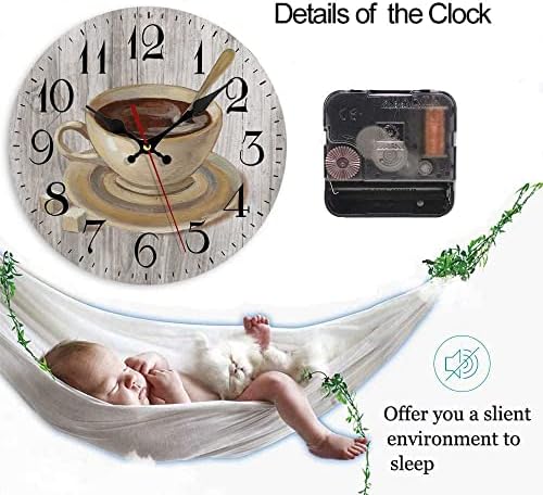 LOKMU Silent Non Ticking Clock 12 Inch, Round Wall Clock,Decorative for Living Room, Kitchen, Home,Bathroom, Bedroom, Office or School, Coffee Cup on Wooden
