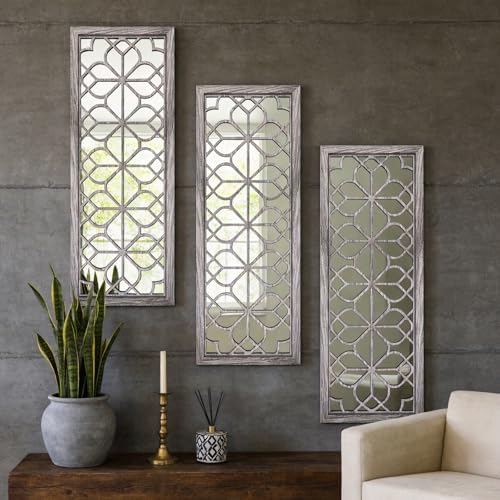 Set of 2 16x41.5 Inch Large Carved Floral Wood Frame Wall Mirrors, Shatterproof Boho Farmhouse Rustic Accent Mirrors for Living Room, Bedroom, Bathroom, Entryway & Home Wall Decor （Brown）