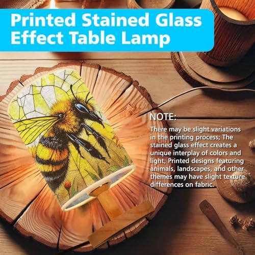 Bee Table Lamp LED 3-Color Pressed Bedside, Bee Shade Lamp with Wood Base for Bedroom Living Room Desk Office TL01
