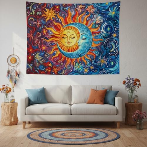 Accnicc Sun and Moon Tapestry Boho Hippie Orange Red Blue Floral Tapestry for Bedroom Aesthetic Abstract Plant Flowers Stars Small Tapestries Wall Hanging for Living Room Dorm 90 x 68 Inch