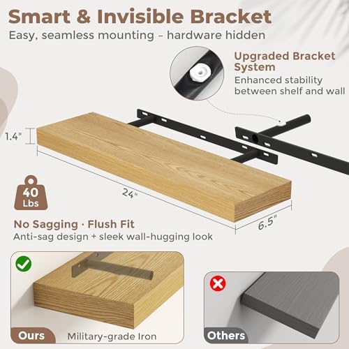 FLYJOE 24 Inch Floating Shelves for Wall Set of 2, 6.5" D Wood Grain Bathroom Shelves with Invisible Brackets, Easy Install Engineered Wood Storage Shelves for Kitchen, Living Room, Bedroom