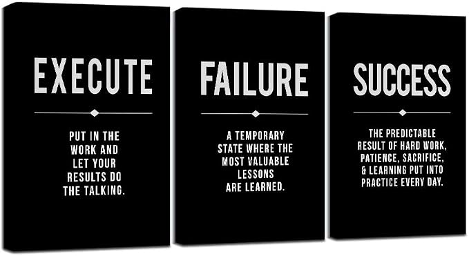 Framed Canvas Wall Art Success Quote, Office Wall Art, Black Large Poster, Positive Motivational Set of 3 Prints, Execute Failure Definition, Inspirational Print (A-3pcs,16x24inchx3pcs)