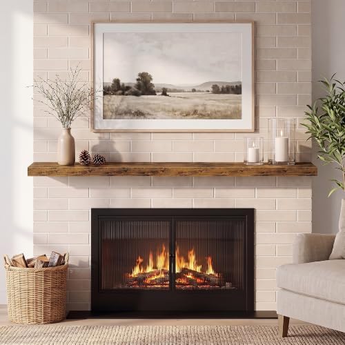 Fun Memories 72 Inch Fireplace Mantel Set of 2, Long Floating Shelf for Bedroom|Living Room, Wall Mounted Farmhouse Display with Invisible Heavy Duty Metal Bracket, Rustic Brown