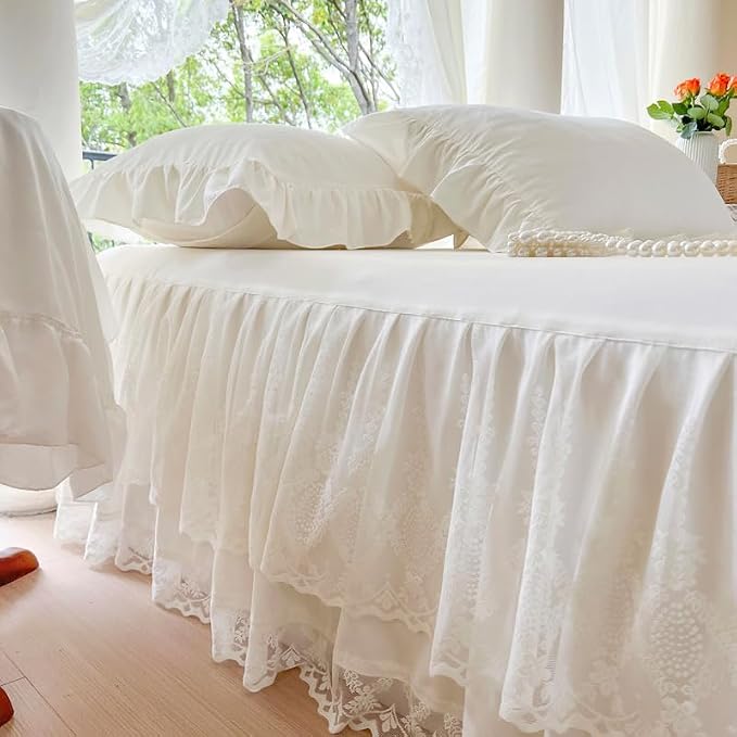 Lace Bed Skirt & Bedsheet King Size - 17 in. Drop, Easy Fit Ruffled Bedskirt Wrap Around Bedcover, Anti Wrinkle & Fade