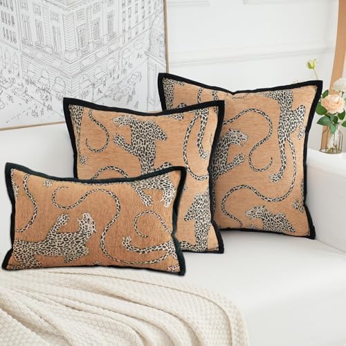 Premium Series, Snow Leopard Throw Pillow Covers, Animal Jacquard Cushion Cases for Home Decor, Chenille Velvet Double-Sided Designs, Brown Yellow, 20 x 20 inch, Covers Only