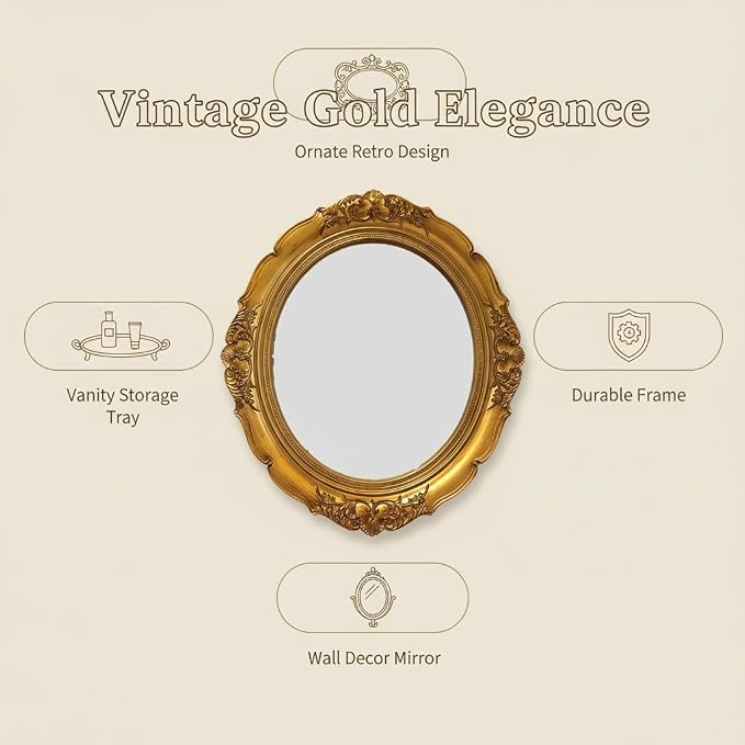 Vintage Carved Decorative Wall Mirror, 15”x 13.4” Hanging Mirror for Dresser Decor Bedroom Living-Room, Cosmetics Jewelry Dresser Organizer Tray (Golden-Oval)