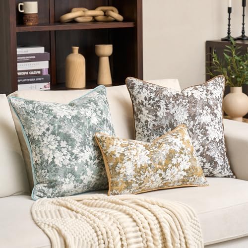 Alerfa Yellow Neutral Floral Pillow Cover 12 x 20 Inch, Vintage Chenille Rectangle Couch Pillow Cover Soft Decorative Farmhouse Accent Pillowcase for Living Room Bedroom