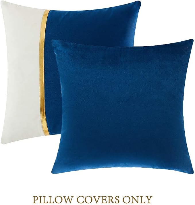 Fancy Homi 2 Packs Decorative Throw Pillow Covers 18x18 Inch for Living Room Couch Bed, Navy Blue and White Velvet Patchwork with Gold Leather, Luxury Modern Home Decor, Accent Cushion Case 45x45 cm