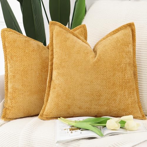 MADIZZ Decorative Chenille Velvet Throw Pillow Covers Set of 2 Soft Boho Textured Neutral Couch Throw Pillow for Bed Modern Farmhouse Home Decor for Sofa Livingroom Yellow 16x16 Inch