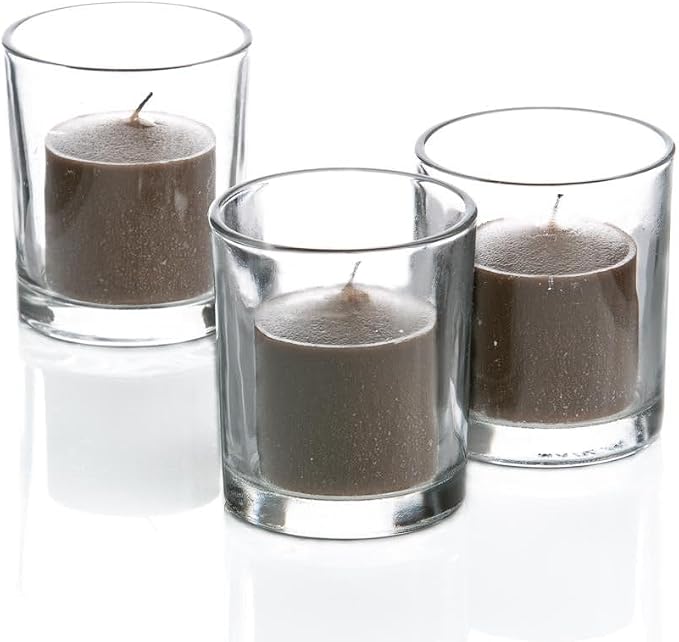 Set of 12 Richland Votive Candles Brown Unscented and 12 Clear Glass Eastland Votive Holders