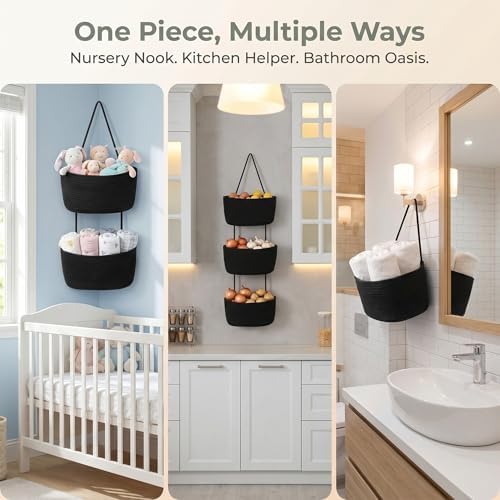 Hanging Basket, Over Door Organizer, 3 -Tier Wall Basket with Hooks (Modern)