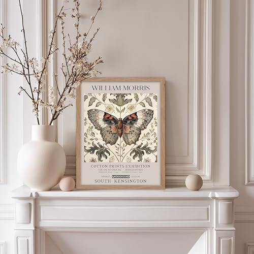 Poster Master William Morris Poster - Butterfly Print - Moth Illustration - Botanical Art - Flower Art - Exhibition Illustration - Animal Illustration - Floral Painting - Aesthetic Office or Bedroom Decor - 11x14 Beige Framed