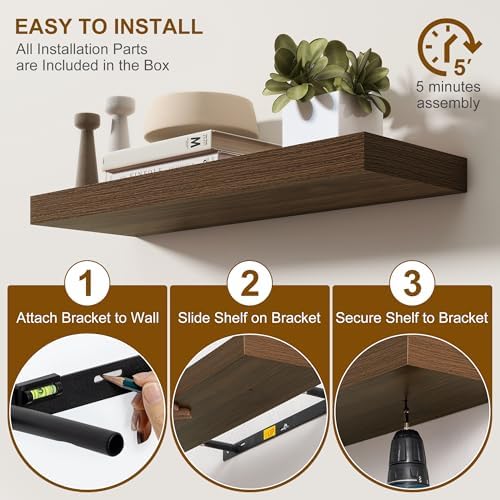 Fun Memories Floating Shelves for Wall, 24 Inch Floating Shelves Set of 2, Hanging Shelf with Invisible Brackets, Wood Shelves for Living Room, Bedroom, Kitchen, Walnut