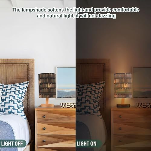 Table Lamp Library Bookshelf Book Candle Nightstand Lamp with Wood Base Fabric Lamp Shade Bedside Desk Lamp for Living Room Bedroom Kids Room Office