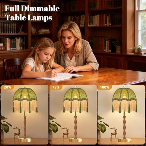 Industrial Table Lamps Set of 2 for Bedroom,Reto Boho Beside Lamp Dimmable Gold Bedroom Lamps Green Desk Tall Table Light Mid Century Modern Mini Nightstand Table Lamp for Bedroom Living Room