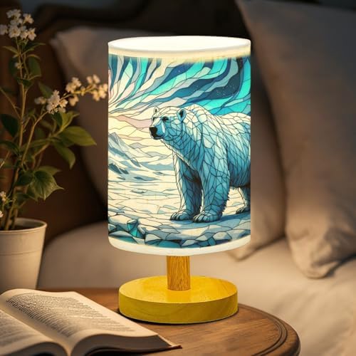 Polar Bear Table Lamp LED 3-Color Pressed Bedside, Polar Bear Shade Lamp with Wood Base for Bedroom Living Room Desk Office TL01