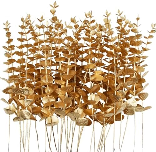 36 Pcs Gold Artificial Eucalyptus Stems 15'' Faux Eucalyptus Leaves Decor Fake Greenery Branches for Xmas branchs Decor Wedding Bouquet Centerpiece Flower Floral Arrangement Home Decoration