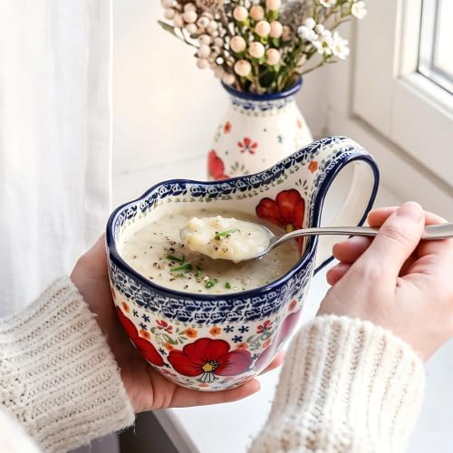 ALMA Soup Bowl With Handle,16oz Handpainted Floral Soup Mug Microwave Safe