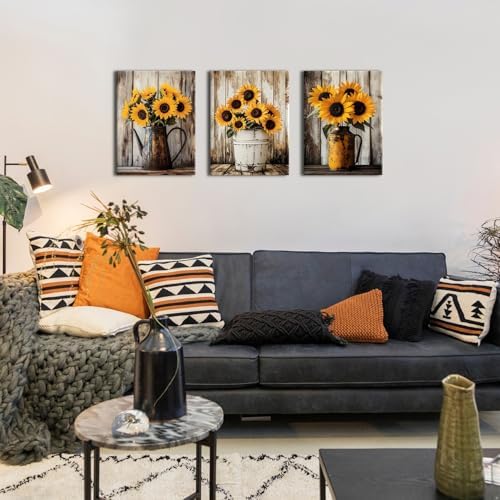 Sunflower Wall Art Farmhouse Sunflowers Pictures Wall Decor for Kitchen Rustic Flowers Painting Poster Vintage Country Floral Prints Canvas Artwork for Bathroom Office Home Decorations 12x16" 3Pcs