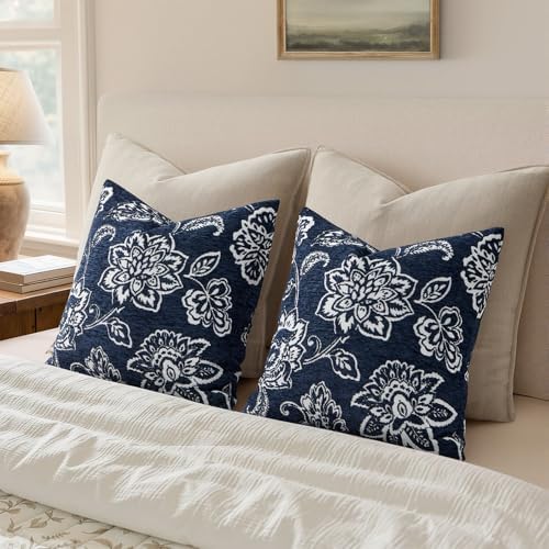 Set of 2 Chenille Floral Pillow Covers 18x18 Inch Navy Blue