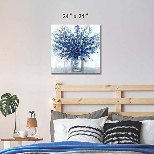 Abstract Bouquet Canvas Wall Art, Blue Flowers in Vase, 24"L x 24"W | Artwork Print Painting, For Living Room Office, Multiple Sizes