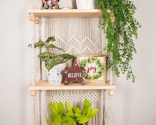 SnugLife Macrame Wall Hanging Shelf - 3 Tier Wall Plant Hanger Shelves with Handmade Woven Rope - Boho Shelves Organizer for Kitchen, Bathroom, Home Storage, Floating Plant Shelf (Pine Wood)