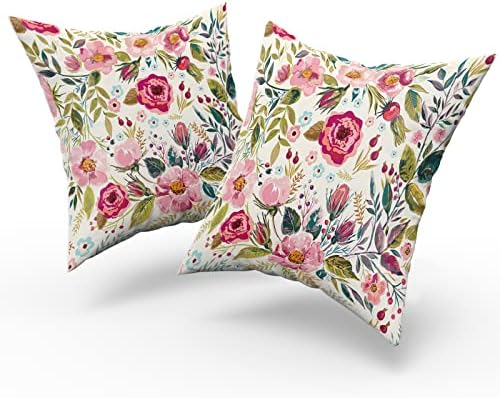 Summer Flower Throw Pillow Covers 16X16 Inch Watercolor Peony Pillowcase Hot Pink Floras With Green Leaves Girly Decorative Square Cotton Cushion Cover Set Of 2 For Home Garden Outdoor Bed Decorations