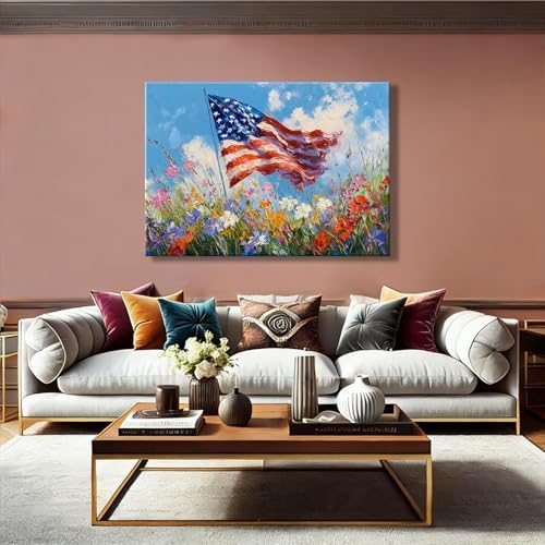 RIBNTAK Made in USA 4th of July Canvas Print Wall Art, Impressionist American Flag & Wildflowers Painting Artwork for Living Room, Patriotic Independence Day Pictures, Americana Home Decor