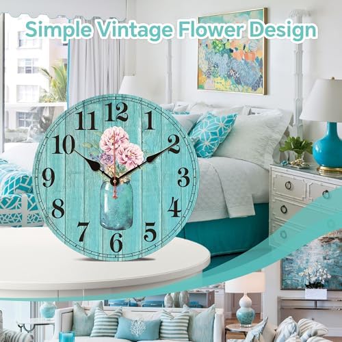 TAHEAT 12 Inch Teal Flowers Wall Clock, Wood Vintage Floral Clocks, Decorative Battery Operated Wall Clocks for Kitchen Living Room Bedroom Bathroom Office