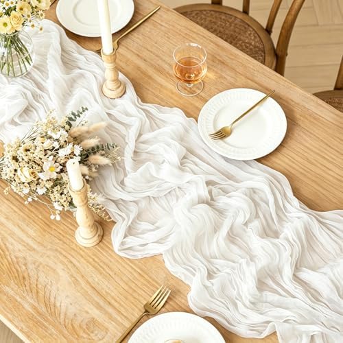 White Table Runner, 10FT Ivory White Cheesecloth Boho Gauze Table Runner for Wedding Bridal Shower Baby Shower Birthday Tea Party Decorations