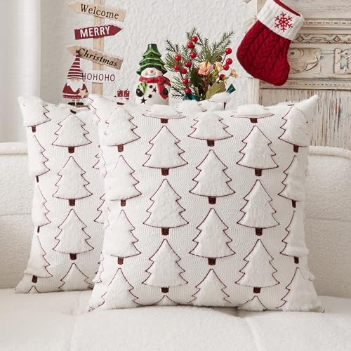 Kevin Textile Christmas Tree Pillow Covers 18x18 Inch Set of 2 Luxury Embroidery Soft Plush Faux Fur Decoration Pillowcases for Couch Sofa Holiday Festivals Winter Xmas Gift, Cream White & Red