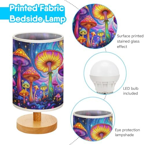 Psychedelic Mushrooms Table Lamp LED 3-Color Pressed Bedside, Psychedelic Mushrooms Shade Lamp with Wood Base for Bedroom Living Room Desk Office TL01