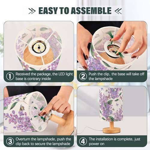 Table Lamp Purple Lilac Flower Bee Butterfly Nature Floral Nightstand Lamp with Wood Base Fabric Lamp Shade Bedside Desk Lamp for Living Room Bedroom Kids Room Office