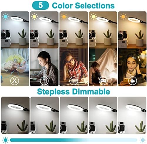 12X Magnifying Glass with Light and Clamp, 5 Color Modes Stepless Dimmable Lighted Magnifier with Stand, Flexible Gooseneck LED Desk Lamp Hands Free for Craft Reading Painting Hobby Close Work