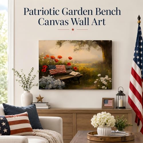 RIBNTAK Made in USA Farmhouse Floral 4th of July Canvas Prints– Vibrant Bench in Peaceful Garden Landscape Wall Art, Memorial Day Pictures for Living Room, Bathroom, or Office Wall Decor
