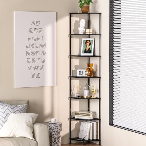 7 Tier Corner Book Shelf, 64.7", Marble Black