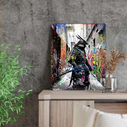 Wesluin 8"x10" Graffiti Samurai Canvas – Colorful Anime Japanese Wall Art | Urban warrior explodes from neon graffiti alley. Melding anime flair & street edge. Hook included, ready to hang.