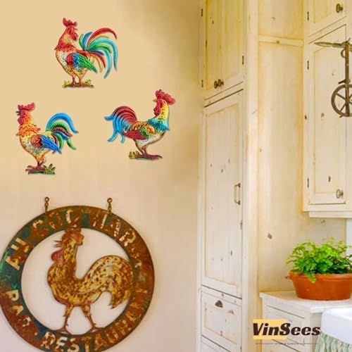 VinSees Metal Rooster Wall Art Decor, Chicken Gifts for Women, Mom, Grandma, Wife; 3D Rooster Wall Sculpture Set of 3 for Kitchen