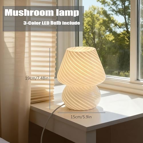 jonong Bedside Lamp Glass Striped Mushroom Table Lamp with 3 Color Modes LED Small Decorative Table Lamp for Gift Present,Suit for Bedroom, Living Room, Home Decor, Baby, Kids, Women (White)
