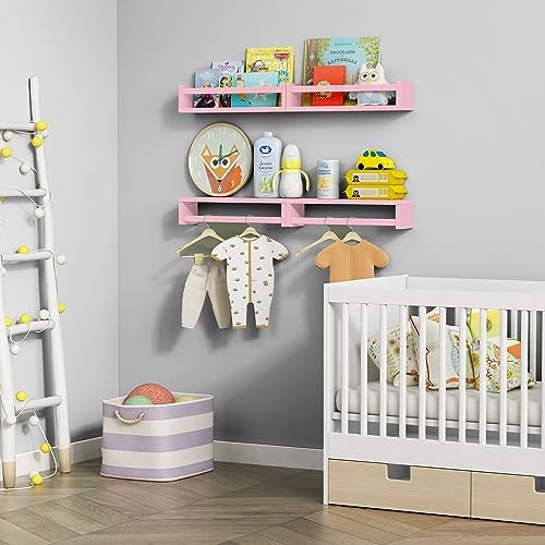 Forbena Pink Nursery Floating Shelves for Wall, Small Kids Wall Bookshelf for Baby Toddler Girls Room, Wood Nursery Hanging Book Shelves for Childrens Bedroom Toys Storage Organizer (Set of 4, Pink)