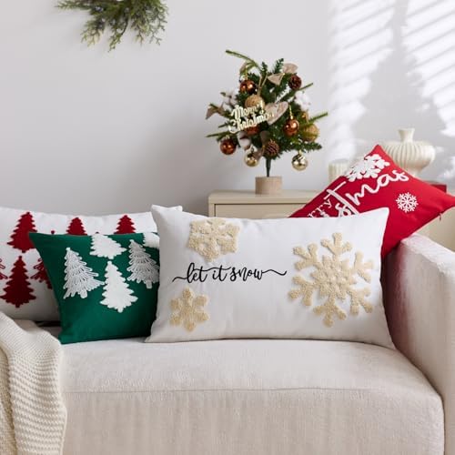 Green Christmas Pillow Covers 12x20 Inch Embroidery White Xmas Trees Decorative Lumbar Throw Pillow Cover Winter Holiday Pillow Case Cushion Cases for Sofa Couch Living Room Decorations