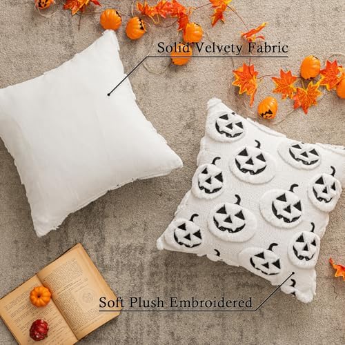 White Halloween Pumpkin Fall Throw Pillow Covers 18"x18" Set of 2 Soft Faux Fur Ghost Pillow Covers for Couch Sofa Bed, Cute Autumn Farmhouse Cushion Case for Holiday Home Living Room Decor