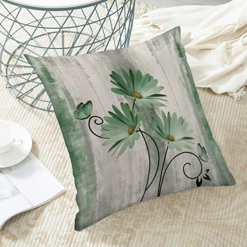Green Floral Pillow Covers 18 x 18 Inch Set of 2 Daisy Floral Butterfly Decorative Throw Pillow Covers Linen Rustic Farmhouse Cushion Cases for Home Sofa Couch Living Room Decor