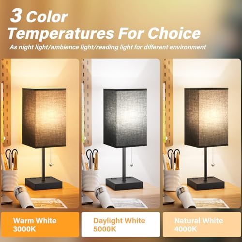 Black Lamp for Bedroom - 3 Color Temperatures, USB A+C, 2 AC Outlets