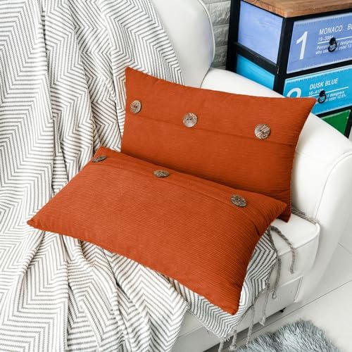 HWY 50 Burnt Orange Chenille Throw Pillow Covers 12x20 Inch Buttons
