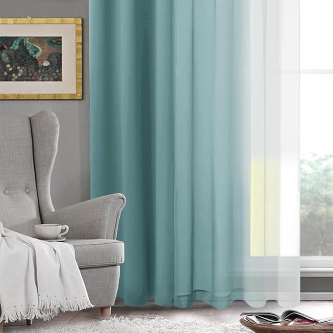 DWCN Faux Linen Ombre Sheer Curtains - Gradient Semi Voile Curtains for Bedroom and Living Room, Set of 2 Grommet Top Window Curtain Panels, 42 x 63 Inches Long, Peacock Blue