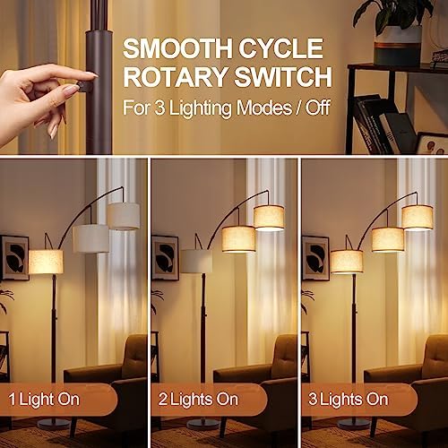 OUTON Tall Arc Floor Lamp - Adjustable, Modern, 3-Light Arched Lamp for Bedroom, Office, and Living Room, 2400lm Mid Century Design with 3 Energy-Efficient LED Bulbs Included, Beige Lampshade