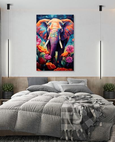 LYUNSHUO Large Elephant Canvas Wall Art Africa Wildlife Decor Colorful Animal with Flowers Pictures Print Modern Artwork for Living Room Hallway Home Wall Decor Ready To Hang - 24.00"x36.00"